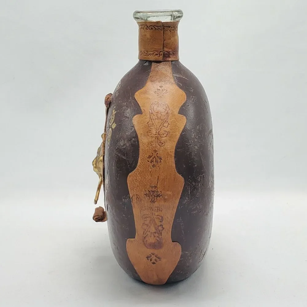 Vintage Italian Leather‎ Wrapped Decanter Bottle With Lions Head Knocker No Top